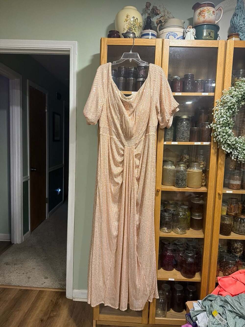 Giffniseti Rose Gold Sequin Short Sleeve Ruched Evening Gown